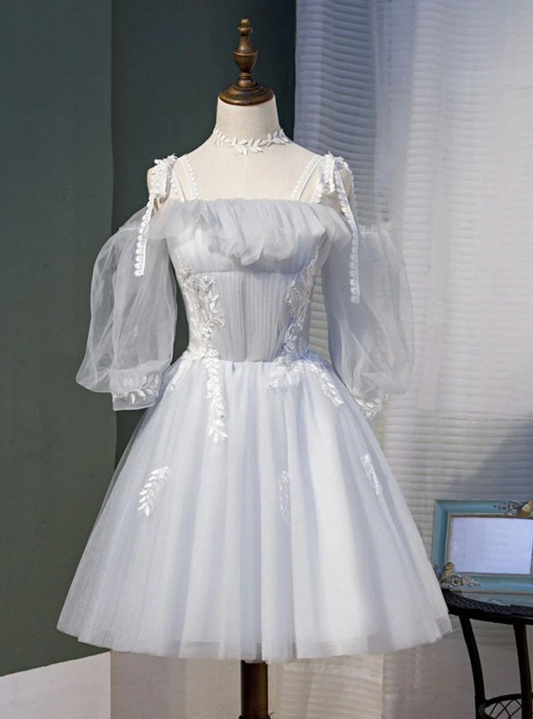 Gray Tulle Long Sleeve Lace Homecoming Dress