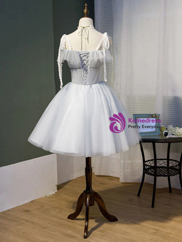 Gray Tulle Long Sleeve Lace Homecoming Dress
