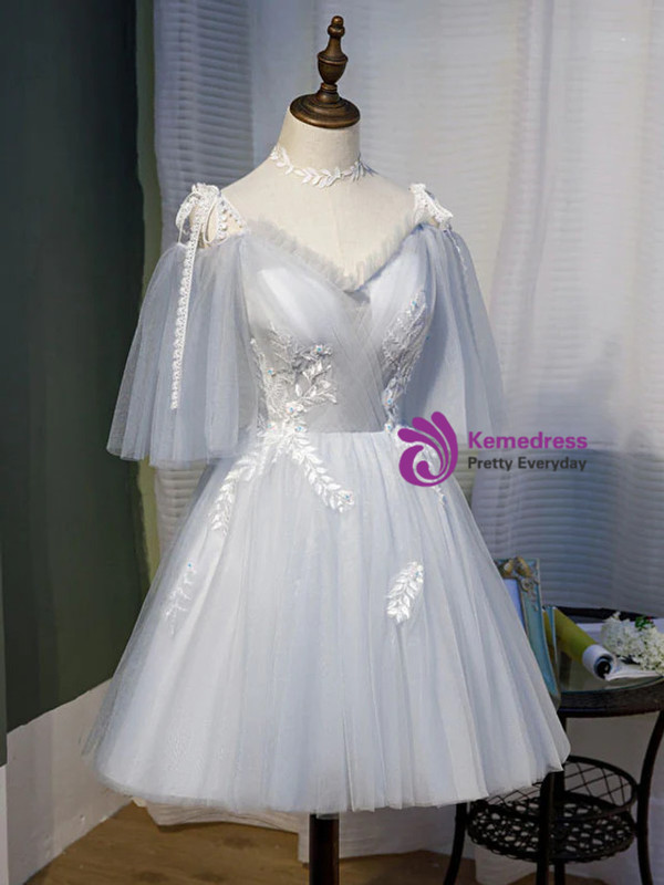 Gray Tulle Long Sleeve Lace Homecoming Dress