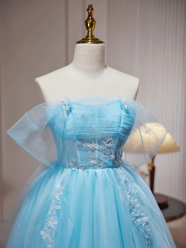 Blue Tulle Off the Shoulder Appliques Homecoming Dress