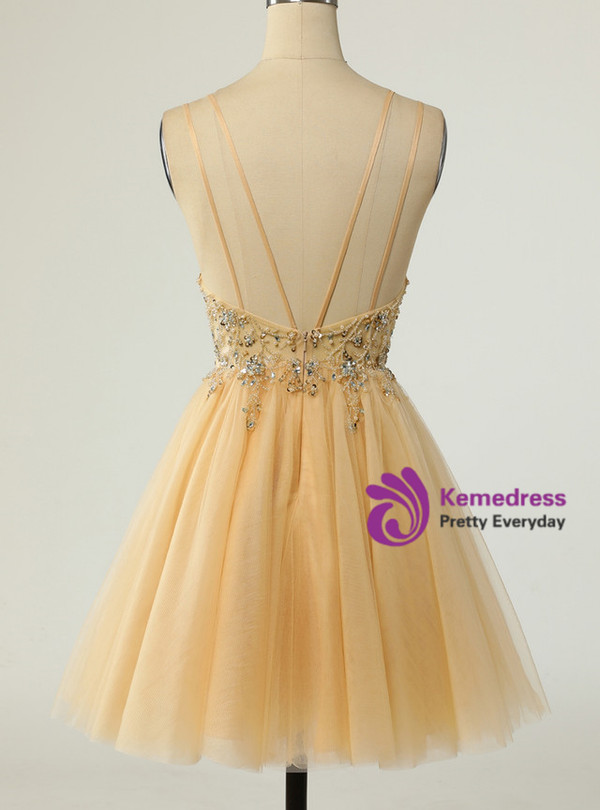 Gold Tulle Double Straps Beading Sequins Homecoming Dress