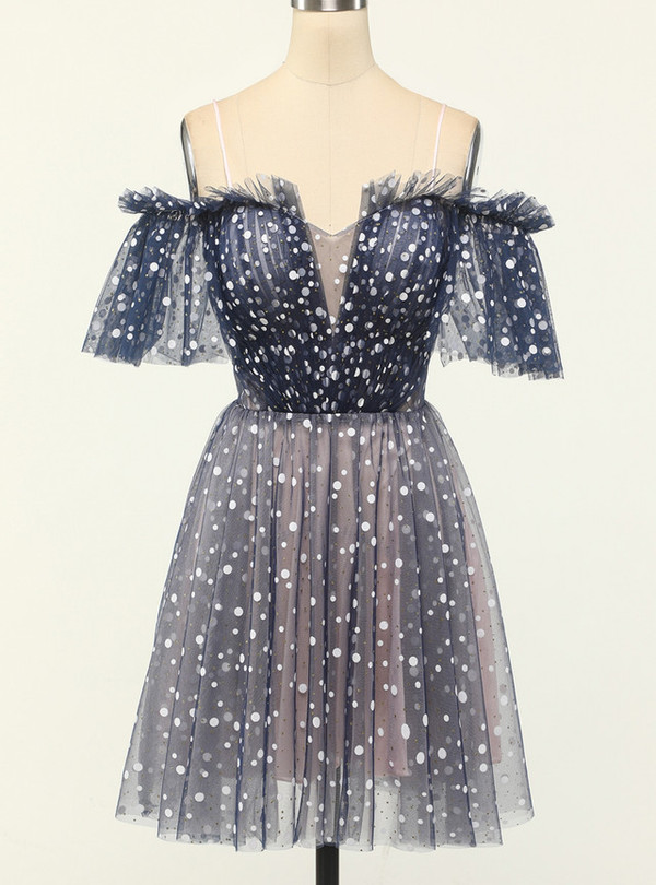 Blue Tulle Wave Point Spaghetti Straps Homecoming Dress