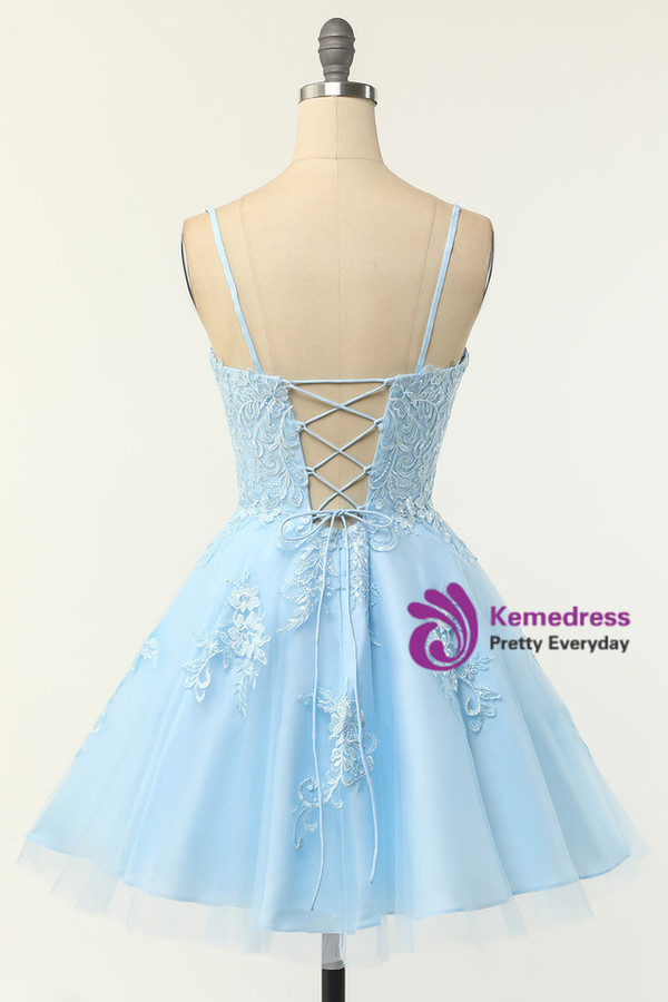Blue Tulle Lace Appliques Homecoming Dress