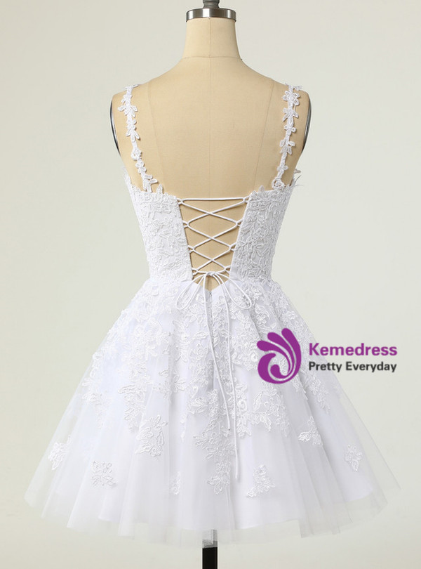 Purple Tulle Spaghetti Straps Appliques Homecoming Dress