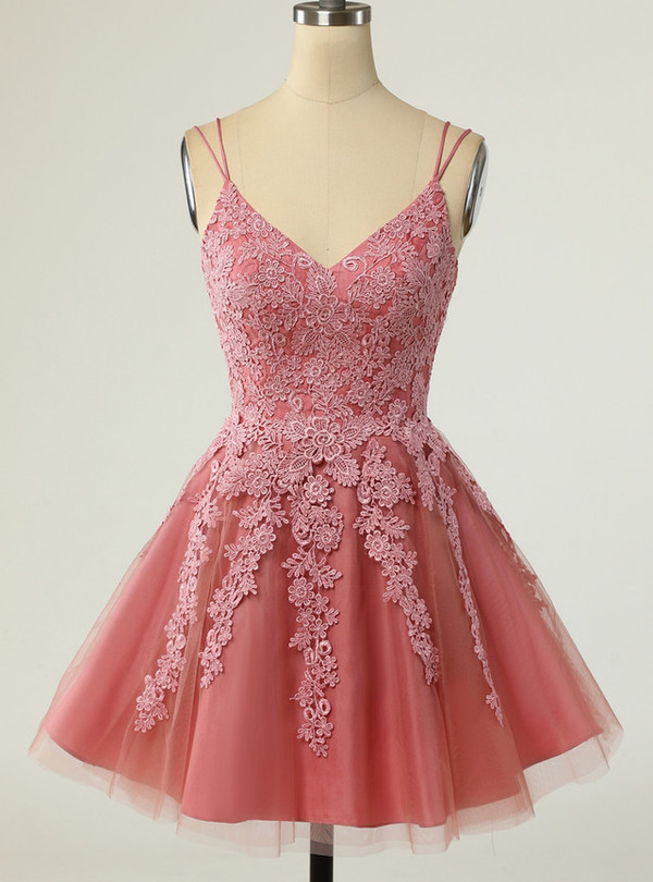 Pink Tulle Lace Appliques Straps Homecoming Dress