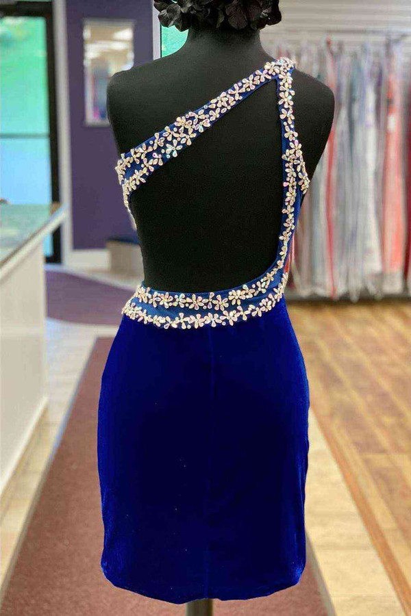 Royal Blue Velvet One Shoulder Backless Prom Dress