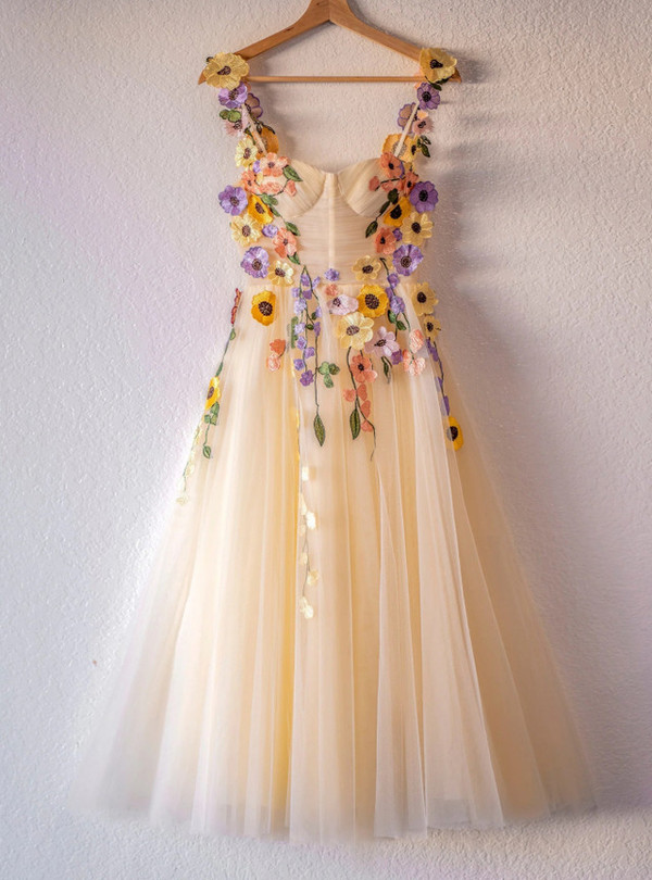 Champagne Tulle Flower Homecoming Dress
