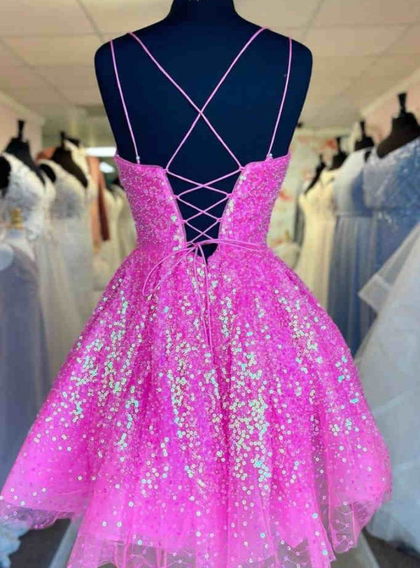 Fuchsia Sequins Spaghetti Straps Homecoming Dress