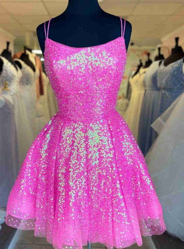 Fuchsia Sequins Spaghetti Straps Homecoming Dress