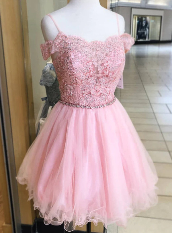 Pink Tulle Appliques Spaghetti Straps  Homecoming Dress