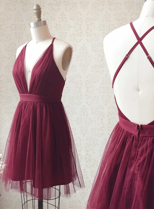 Burgundy Tulle Deep V-neck Pleats Homecoming Dress