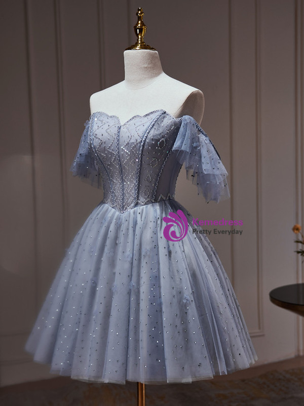 Blue Gray Tulle Beading Off the Shoulder Homecoming Dress