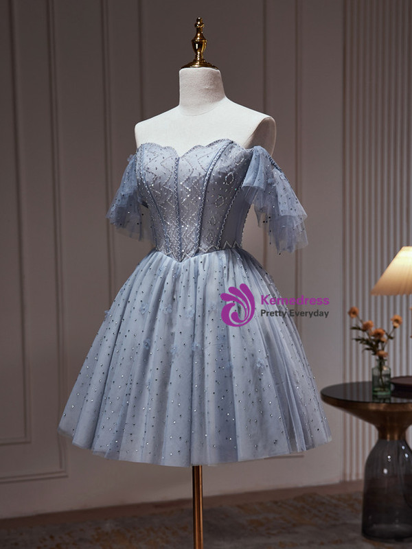 Blue Gray Tulle Beading Off the Shoulder Homecoming Dress