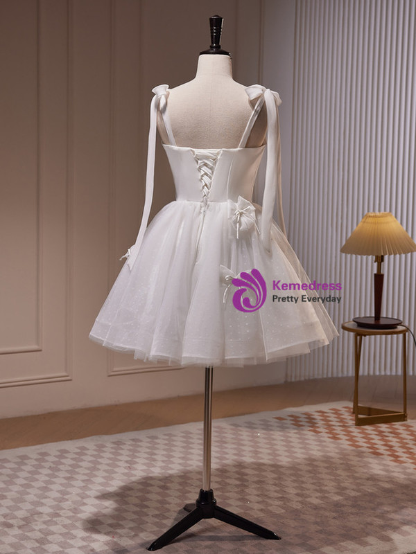 White Tulle Spaghetti Straps Bow Homecoming Dress
