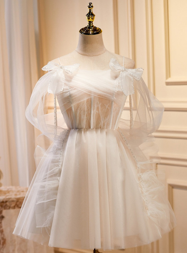White Tulle Pearls Bow Spaghetti Straps Homecoming Dress