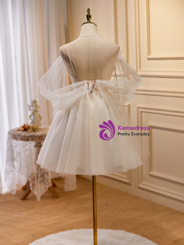 White Tulle Pearls Bow Spaghetti Straps Homecoming Dress