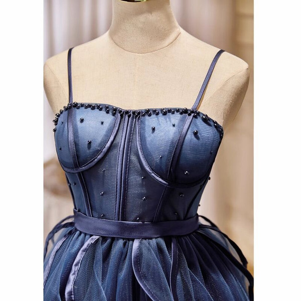 Navy Blue Tulle Pearls Homecoming Dress