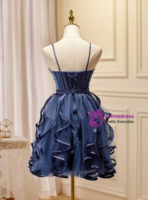 Navy Blue Tulle Pearls Homecoming Dress