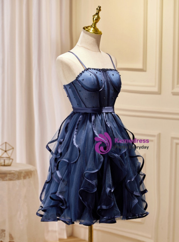 Navy Blue Tulle Pearls Homecoming Dress