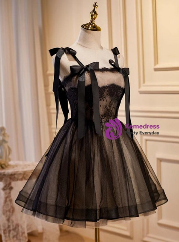 Black Tulle Lace Straps Bow Homecoming Dress