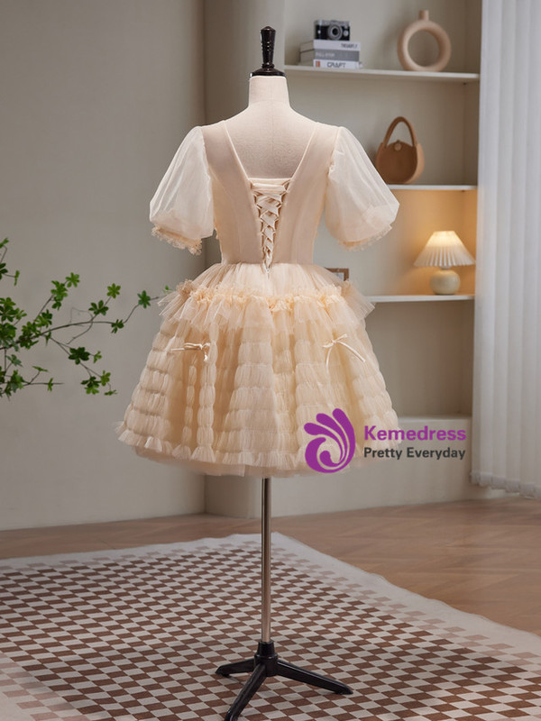 Champagne Tulle V-neck Puff Sleeve Pleats Homecoming Dress