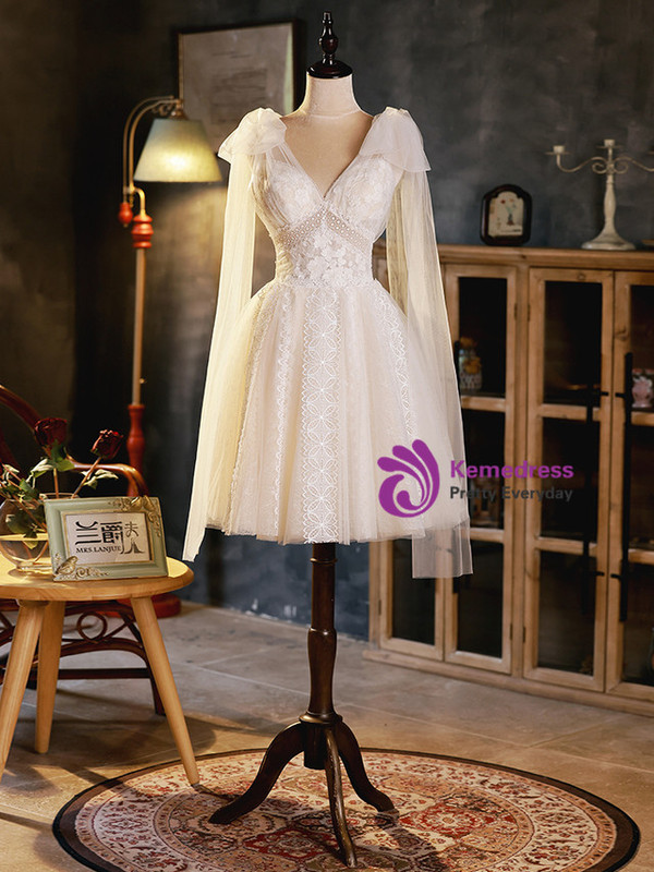 Ivory White Tulle Lace V-neck Homecoming Dress