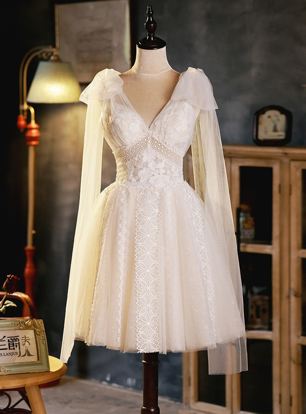 Ivory White Tulle Lace V-neck Homecoming Dress