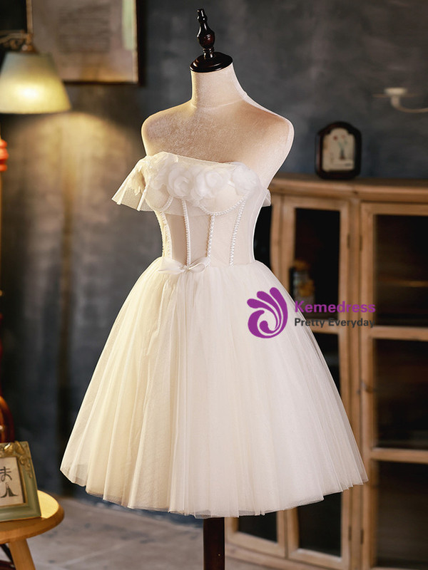 Ivory White Tulle Flower Pearls Homecoming Dress