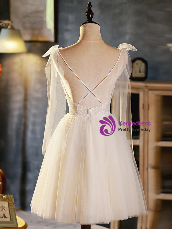Ivory White Tulle Beading Flower Backless Homecoming Dress