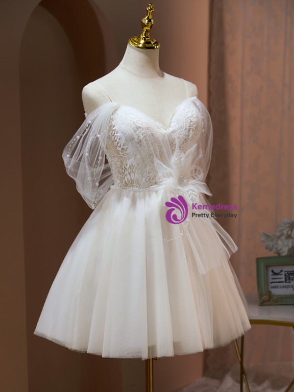 Ivory Tulle Lace Spaghetti Straps Pearls Homecoming Dress