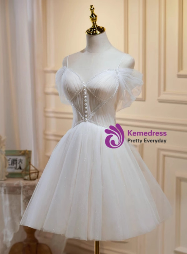 Ivory Tulle Spaghetti Strapls Pleats Pealrs Homecoming Dress