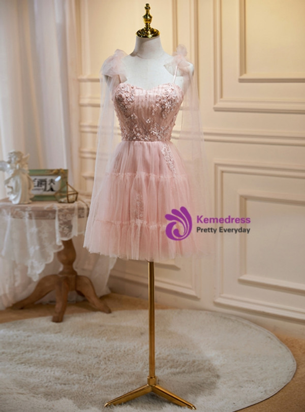 Pink Tulle Appliques Straps Homecoming Dress