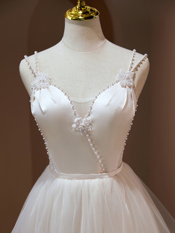 White Tulle Double Straps Pearls Homecoming Dress