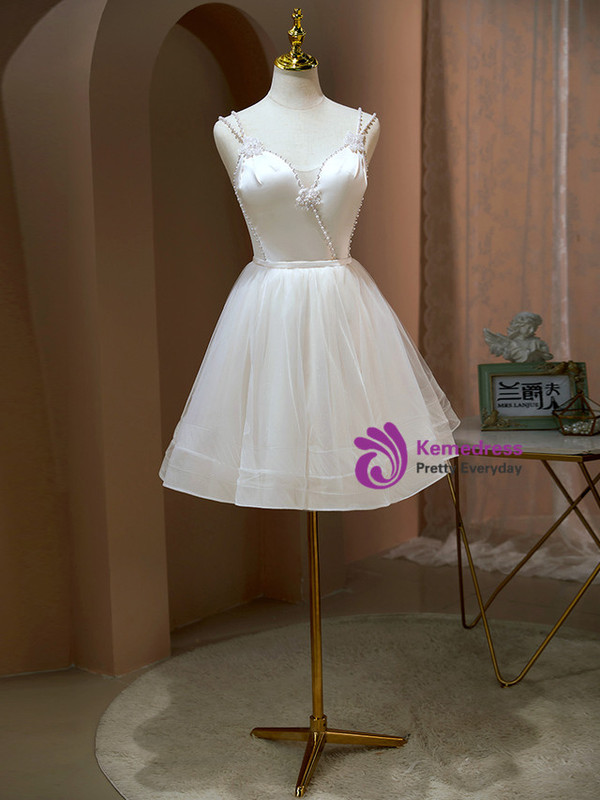 White Tulle Double Straps Pearls Homecoming Dress
