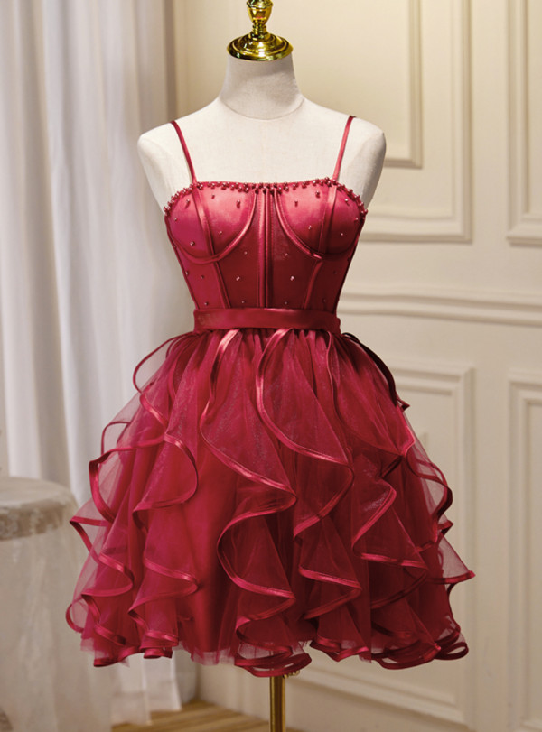 Burgundy Tulle Pearls Homecoming Dress