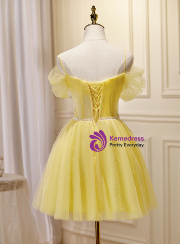 Yellow Tulle Pleats Homecoming Dress