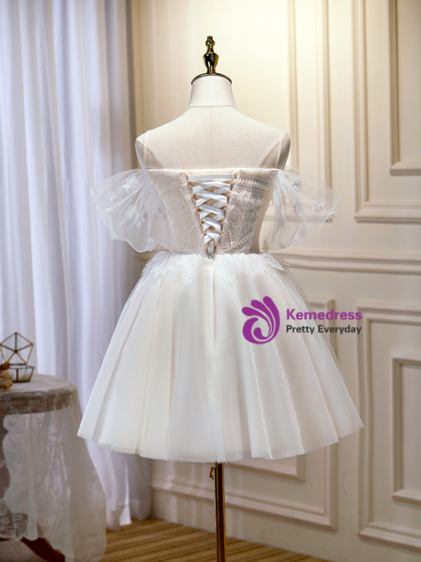 Sexy White Tulle Lace Spaghetti Straps Homecoming Dress