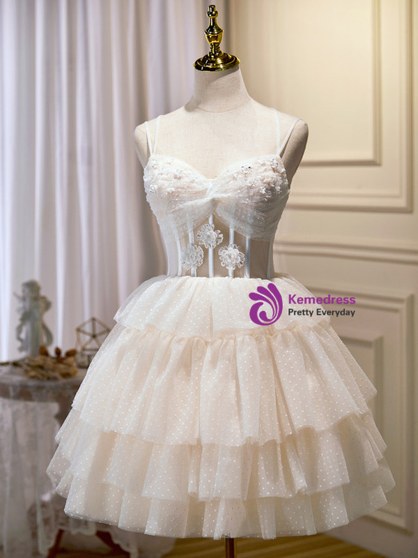Ivory Tulle Beading Tiers Homecoming Dress