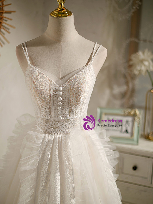 White Tulle Lace Straps Homecoming Dress