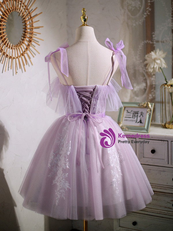 Purple Tulle Lace Appliques Pleats Homecoming Dress