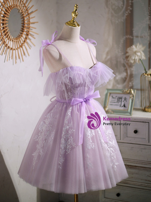 Purple Tulle Lace Appliques Pleats Homecoming Dress
