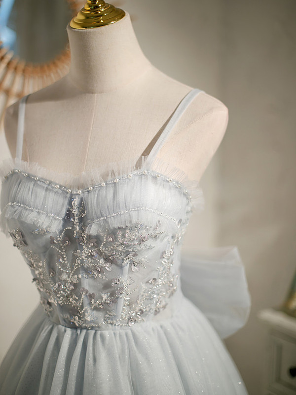 Gray Tulle Spaghetti Straps Bow Homecoming Dress