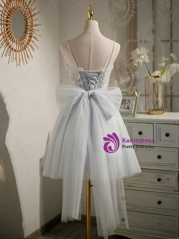 Gray Tulle Spaghetti Straps Bow Homecoming Dress