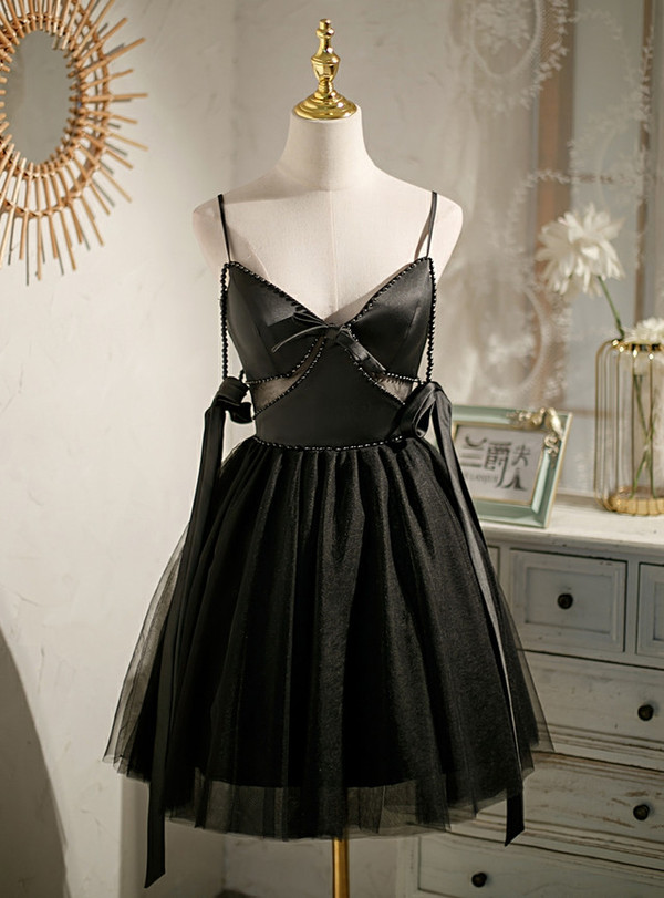Black Tulle Satin Pearls Homecoming Dress