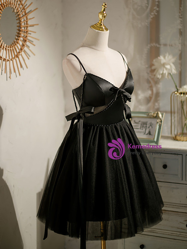 Black Tulle Satin Pearls Homecoming Dress