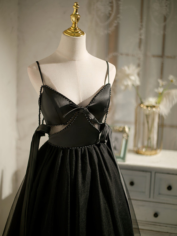 Black Tulle Satin Pearls Homecoming Dress