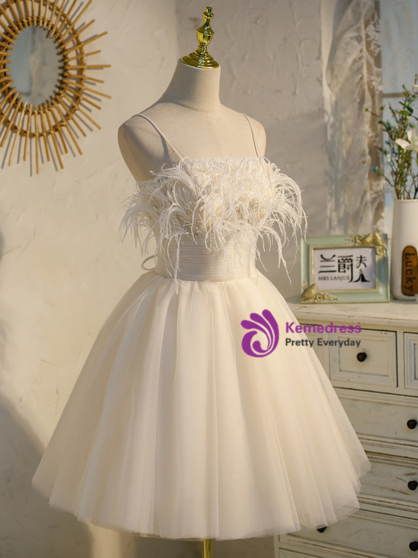 White Tulle Spaghetti Straps Pleats Homecoming Dress