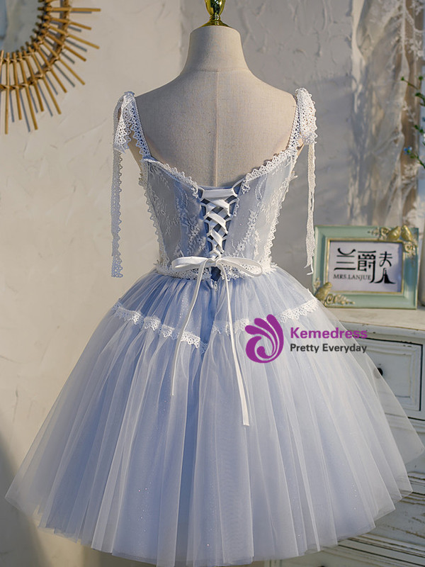 Elegant Blue Tulle Lace Straps Homecoming Dress