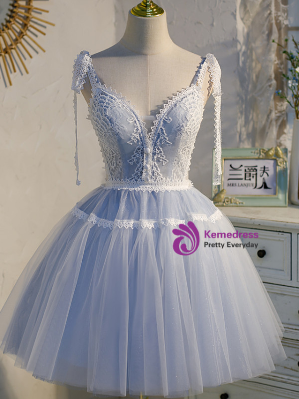 Elegant Blue Tulle Lace Straps Homecoming Dress