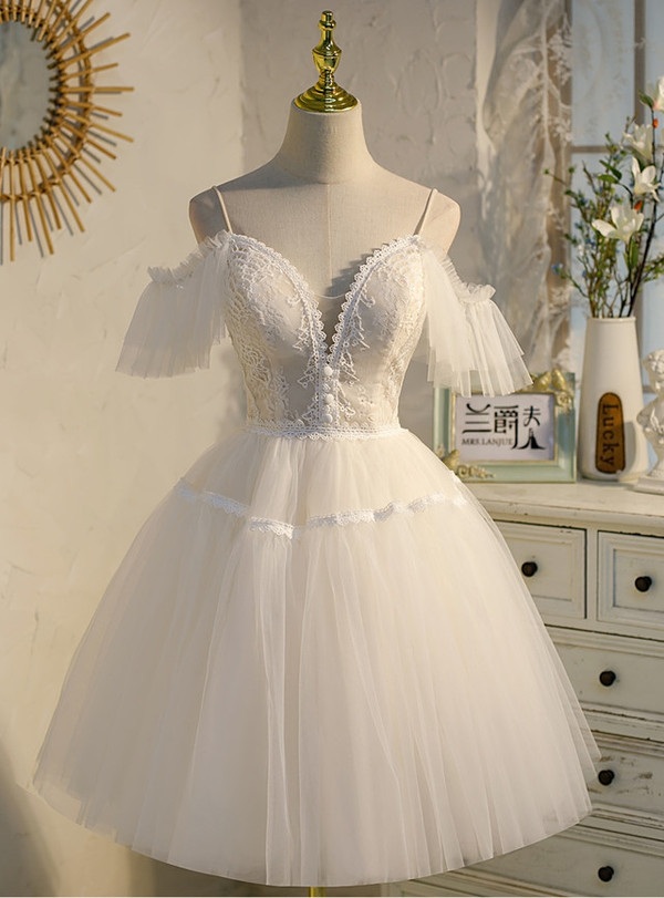 Ivory White Tulle Lace Spaghetti Straps Homecoming Dress